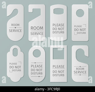Hotel door hanger set isolated on background. Vector realistic mock up, blank room service tags of different shape, do not disturb sign template for handle, 3d paper warning banner with text Stock Vector