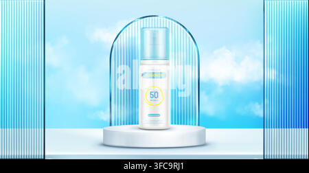 Sunscreen pump bottle on white round podium with blue sky and clouds. 3d realistic vector background with UV protection, spf cream on marble display and fractal glass arch, summer skincare advertising Stock Vector