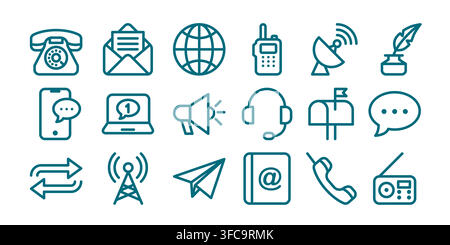 Collection of contact icons on white background. Vector illustration of communication pictograms, telephone, smartphone, message, internet, megaphone, and radio signs for digital interface design Stock Vector