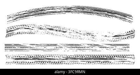 Abstract black tire tracks on white background. Vector realistic illustration of curved marks of vehicle wheels on surface, car or bike street race banner design elements, motorcycle trace pattern Stock Vector