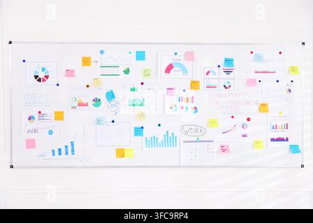White board with charts, ideas and memo notes indoors Stock Photo
