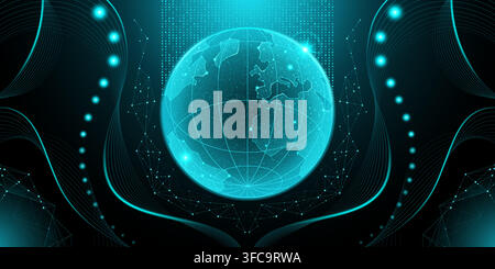 Digital Earth globe with glowing network lines and abstract data connections on dark background. Vector realistic illustration of futuristic AI technology planet with geometric pattern and light waves Stock Vector