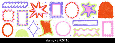Wavy shape frame set with scalloped edges and cute Y2K retro design. Vector set of playful color crayon borders for kid photos, text box, decorative graphics, retro style geometric collage elements Stock Vector