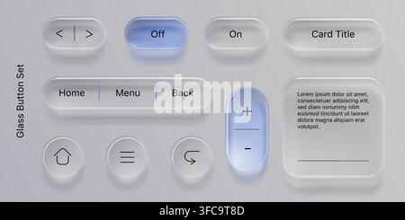 Transparent glass UI elements set isolated on background. Vector realistic illustration of sleek buttons with soft shadows, contemporary glass morphism design for web and mobile interface apps Stock Vector