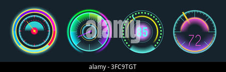 Modern car dashboard meter with glowing digital speedometer display, 3d realistic vector odometer design with neon color circle, arrow and number. Futuristic gauge interface, speed and fuel indicators Stock Vector