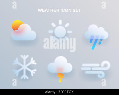 Set of 3d weather forecast icons. Vector glassmorphism meteo symbols of sun, rain, snow, storm with lightning, and wind signs, simple climate data pictograms, ui glass design for mobile app Stock Vector