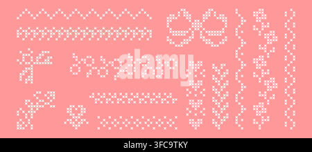 Cross stitch border patterns with embroidery frames and floral ornaments. Vector corner and line elements with pixel texture for fabric decoration, ethnic blanket edges, and vintage textile designs Stock Vector