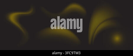 Abstract tech smooth lines with halftone pattern on black background. Vector liquid shape graphics with dotted texture, flowing gradient curves with neon glowing effect. Modern wavy music design Stock Vector