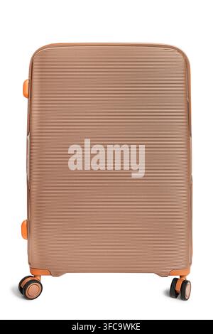 Large brown plastic 4-wheels suitcase isolated on white background Stock Photo