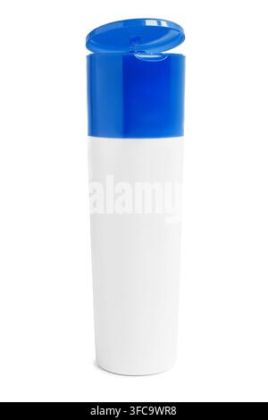 Shampoo blank white and blue plastic bottle standing on white background Stock Photo