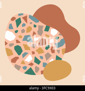 Abstract terrazzo pattern with colorful marble shards and ceramic tile spots. Features various shapes in pastel colors on a light background. Stock Vector
