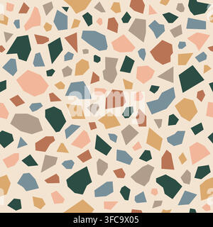 Abstract terrazzo pattern with colorful marble shards and ceramic tile spots. Various shapes in pastel colors on a light background. Stock Vector