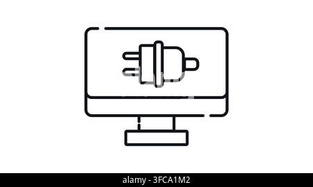 Desktop computer monitor with electric plug connector symbol on screen vector icon. Black line art style on white background. Stock Vector