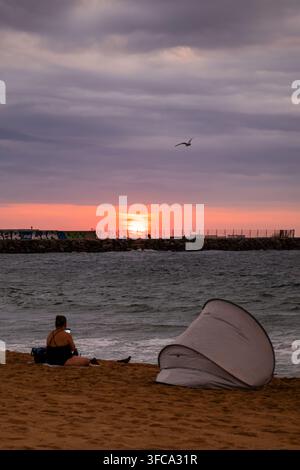 A woman sits on the sandy beach beside a small wind shelter while looking at her phone as the sun sets behind a rocky breakwater. A seagull flies acro Stock Photo