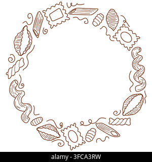 Italian pasta round frame made of ravioli, penne, fusilli, gnocchi, conchiglie and other pasta shapes. Stock Vector