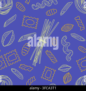 Italian pasta seamless pattern with spaghetti, penne, ravioli, fusilli, gnocchi, conchiglie and tagliatelle. Stock Vector
