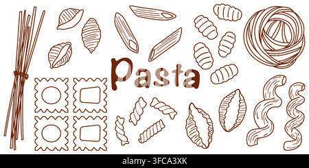 Types of Italian pasta collection with spaghetti, tagliatelle, penne, ravioli, fusilli, gnocchi, conchiglie and other pasta shapes Stock Vector