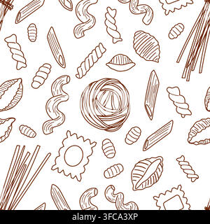 Pasta seamless pattern with spaghetti, penne, fusilli, gnocchi, conchiglie, tagliatelle and ravioli scattered. Stock Vector