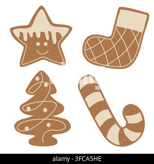 Hand-drawn illustrations of iced Christmas gingerbread cookies with winter holiday decor and candy cane, stocking, pine tree shape Stock Vector