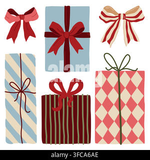 Hand-drawn wrapped gift and present boxes illustrations with ribbons and bows for birthday, Christmas, baby shower, Valentines day Stock Vector