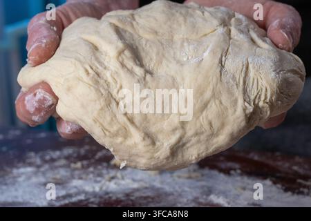 A pair of hands kneads a ball of white flour dough on a floured wooden surface Stock Photo
