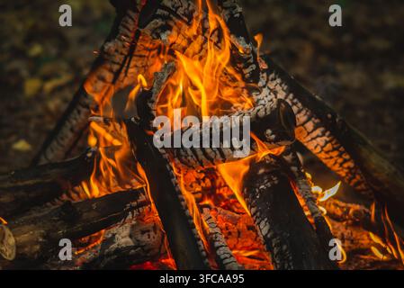 Bright flames and burning logs in a campfire, outdoor recreation and wilderness camping concept. Stock Photo