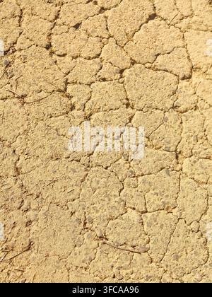 Dry, cracked earth with detailed parched texture, illustrating drought and desertification, arid soil pattern and environmental crisis from heat, eros Stock Photo