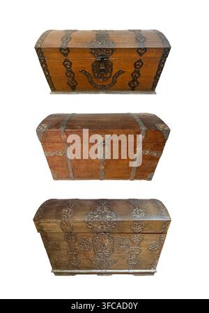 Group of old wooden chests isolated on white background Stock Photo