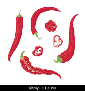Red chilli spicy peppers Set. Whole peppers, half and sliced on white background Stock Vector