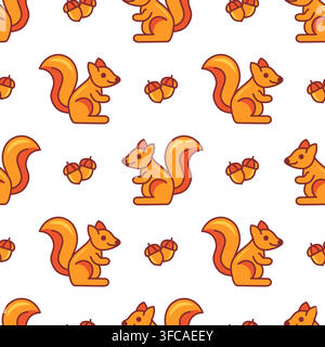 Seamless pattern of orange cartoon squirrels, acorns in repeating arrangement on white background Stock Vector