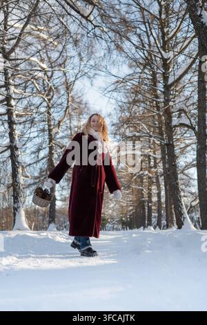 Woman in burgundy coat walks with basket of pine cones along snowy park path on sunny winter day, enjoying nature and seasonal outdoor lifestyle. Vert Stock Photo