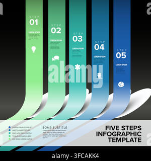 This professional infographic template features five steps displayed on vertical ribbons. Use this infographic template to present your business proce Stock Vector