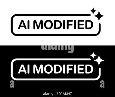 Black and white AI modified badge labels for digital content. Use this AI modified icon to indicate artificial intelligence generated or edited work f Stock Vector
