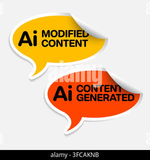 A set of orange and yellow stickers for AI content generated and AI modified content labels. These sticker tags help identify AI content generated or Stock Vector