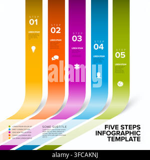 Professional five steps infographic template featuring vibrant ribbons. This infographic layout includes five steps with icons for business presentati Stock Vector