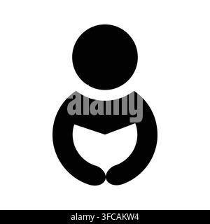 A minimalist black and white icon of a person holding a book, symbolizing knowledge, education, and the joy of reading. Perfect for various creative p Stock Vector