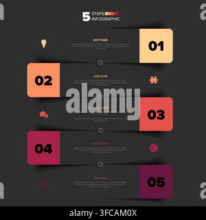 Professional 5 steps infographic design featuring a sleek dark theme. This 5 steps infographic uses vibrant color accents to highlight each sequential Stock Vector