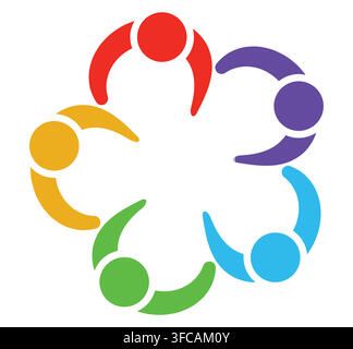 Vibrant illustration depicting five individuals connected in a circle, symbolizing collaboration and unity in a diverse community, showcasing teamwork Stock Vector