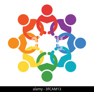 Colorful illustration depicting people sitting together in a circle, symbolizing collaboration and unity. Ideal for themes of teamwork and community e Stock Vector