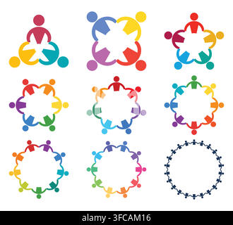 This collection of colorful community icons illustrates connection and unity, showcasing diverse figures in various circular designs, perfect for soci Stock Vector