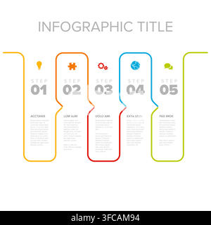 A clean business infographic featuring a 5-step process layout. This versatile infographic uses colorful lines and icons to present your data and busi Stock Vector