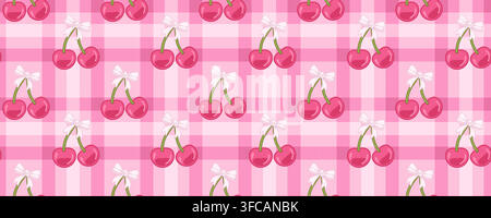 Romantic seamless pattern with cherries, bows and hearts in soft pink retro style. Perfect background for textile and wallpaper. Stock vector illustra Stock Vector
