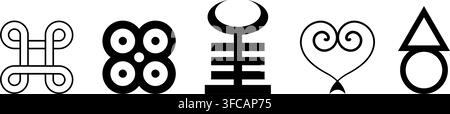 Set of akan and adinkras symbols, west african tribal icons, mystical afro logo isolated on white background Stock Vector