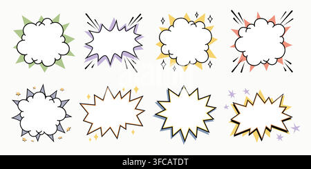 Comic starburst frame speech bubble set with burst and cloud shapes in green, yellow, purple and orange accents. Collection of comic frames for Stock Vector