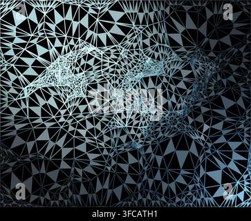 A digital abstract background featuring interconnected blue polygonal wireframe shapes forming a complex mesh against a black backdrop. Suitable for t Stock Photo