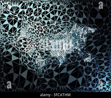 A digital abstract geometric design featuring a complex network of blue and white interconnected triangular shapes forming a mesh on a dark background Stock Photo