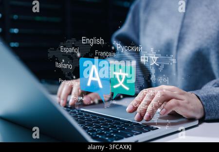 Multilingual language translation technology concept. Person using laptop with icons languages, global language translate, multilingual communication, Stock Photo