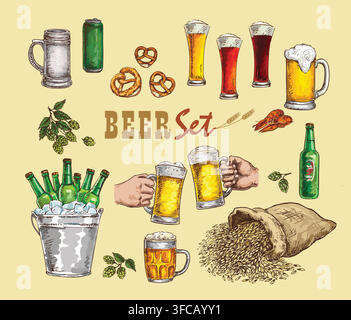 Hand-drawn vector sketch of a vintage beer set featuring clinking mugs, green bottles in ice, pretzels, hops, and grain for a pub menu design. Stock Vector