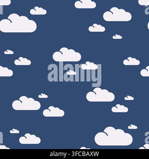 Seamless vector simple cloud pattern in a chaotic order on a dark blue background. Vector illustration Stock Vector