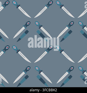 Seamless pattern with weapons on a dark gray background. Sharp blade and sheath. Vector illustration Stock Vector